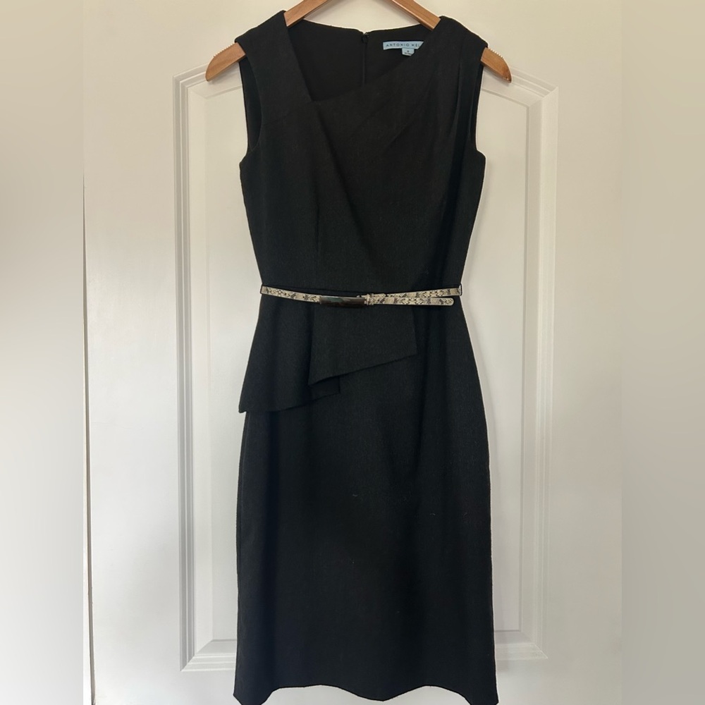 ANTONIO MELANI Black Peplum Asymmetrical Dress with Snakeskin Belt- Sz 0 - Picture 3 of 12